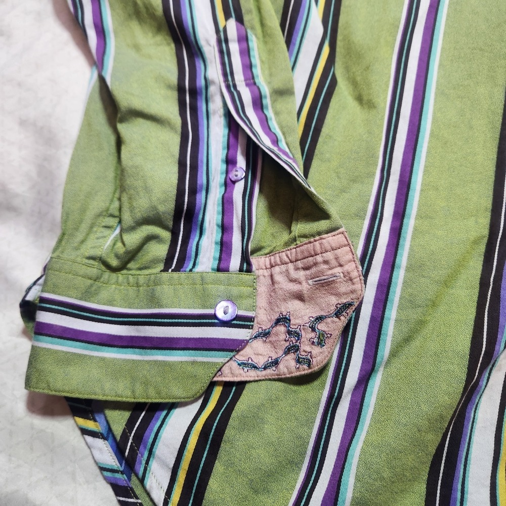 Robert Graham Mens Large Green Striped Button Up Shirt with Turn Cuffs - Picture 4 of 16